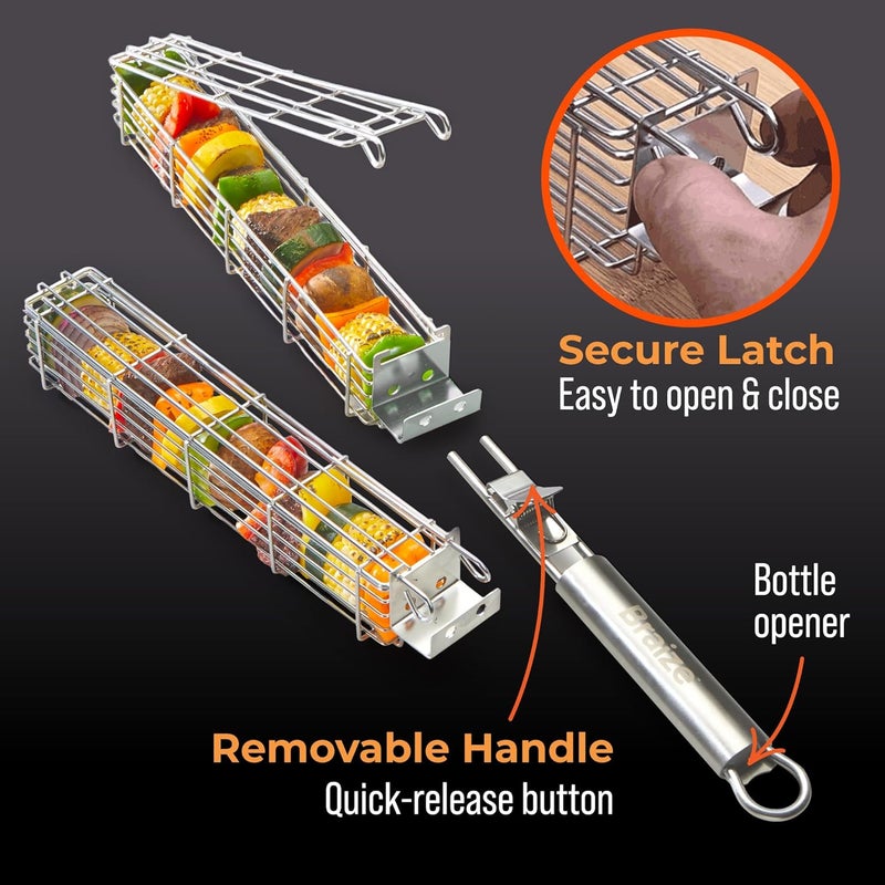Braize Large Kabob Grilling Basket with Removable Handle. Stainless Steel construction with a Larger Capacity (12 x 2 x 2) and secure easy-latch lid. (2-Piece Kabob Basket Set) - Image 2